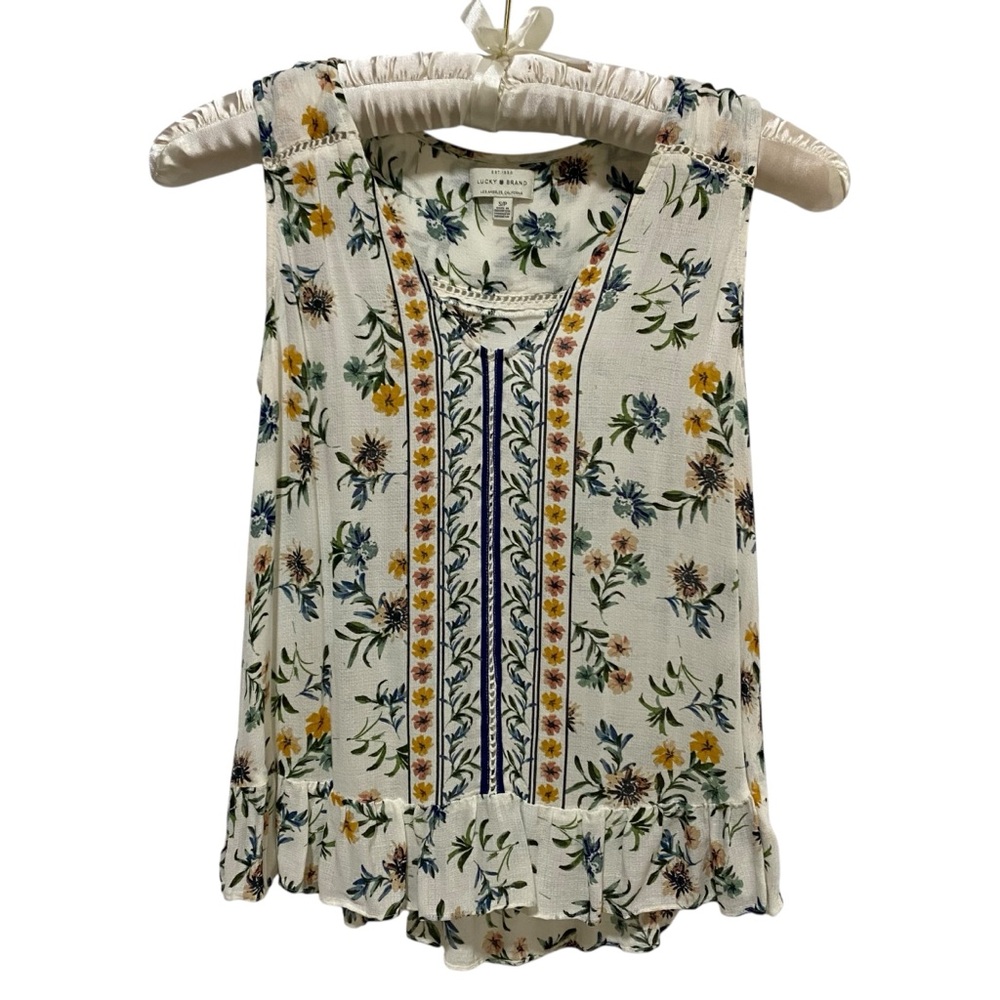 Lucky Brand Women’s Tank Top Floral V-Neck Cream Blue Sleeveless Size Small - Picture 14 of 16